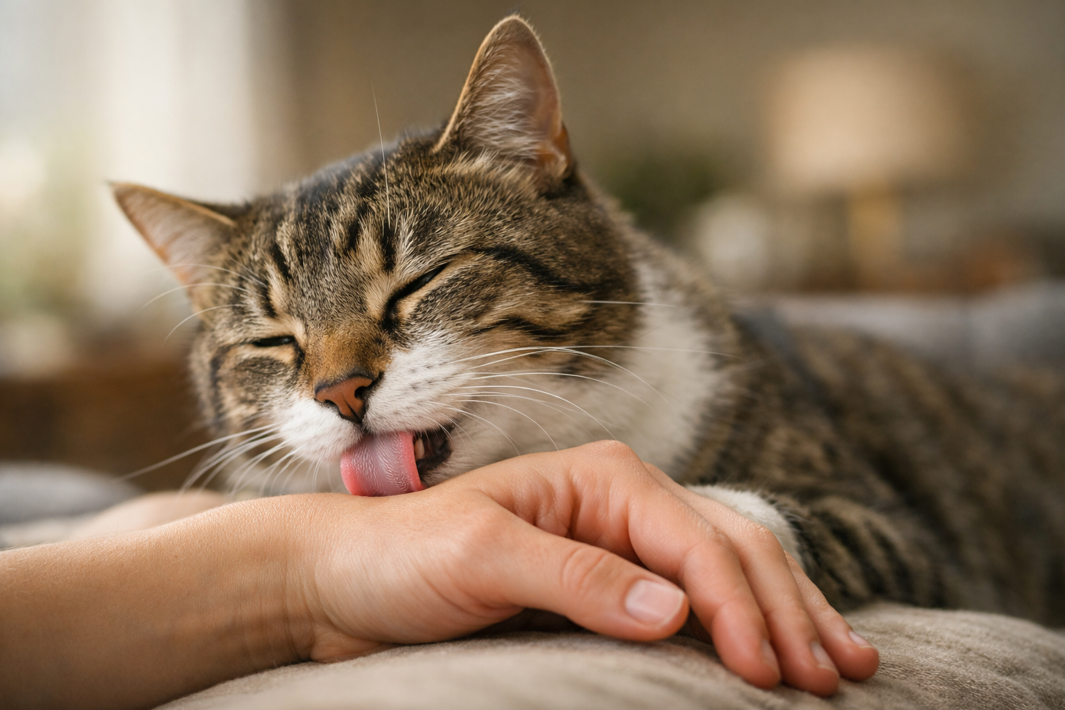 A cat licking its owner's hand as a sign of affection and bonding