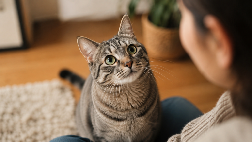Gray tabby cat with green eyes staring curiously at its owner in a warm indoor home setting.