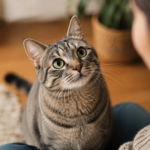 Gray tabby cat with green eyes staring curiously at its owner in a warm indoor home setting.